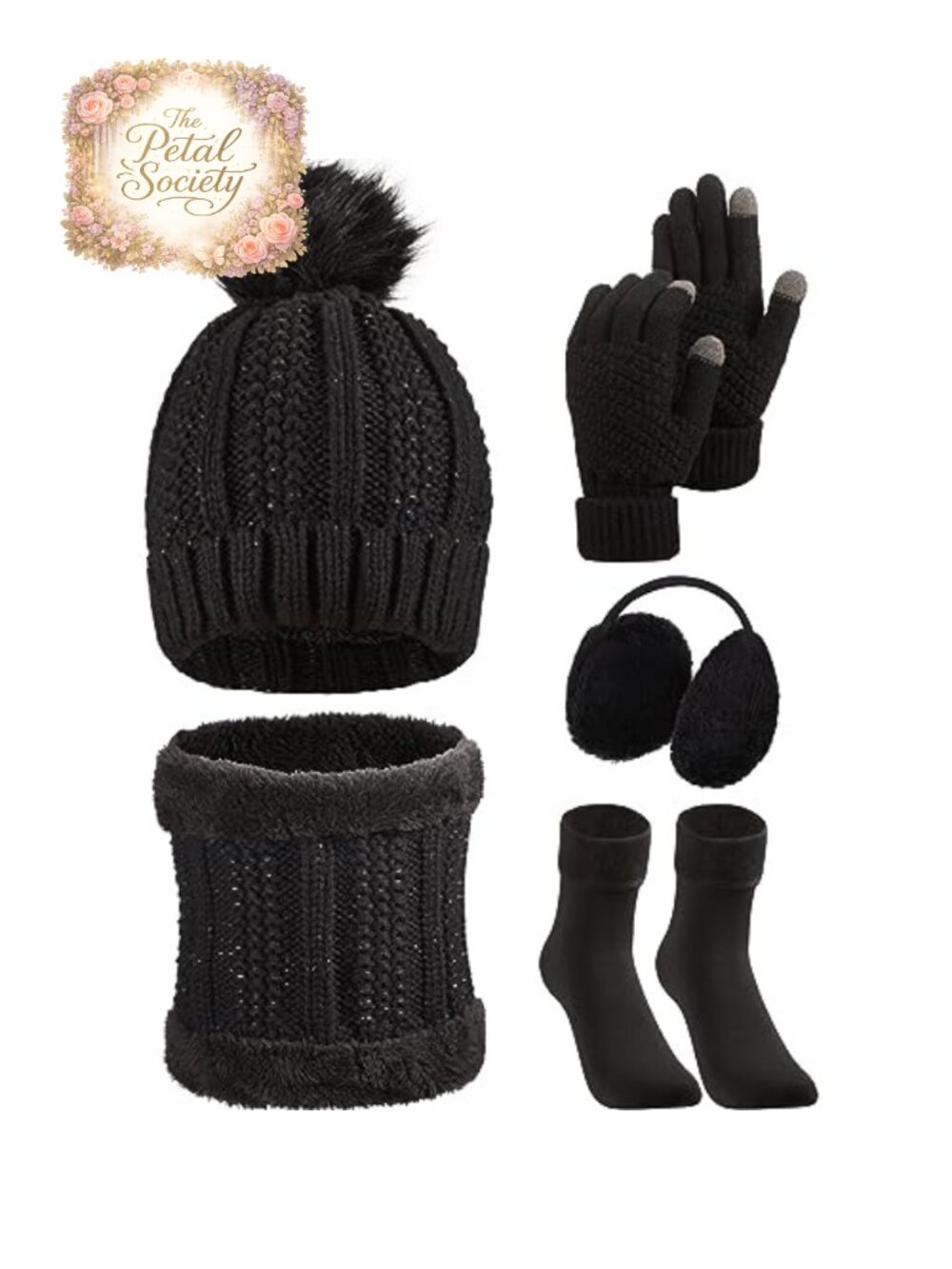 5 Pc Winter Hat Scarf Gloves Set Fleece Lined Knit Acrylic Touchscreen